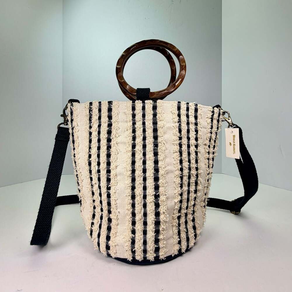 World Market Black and Tan Stripe Bucket Bag with Wooden Handles